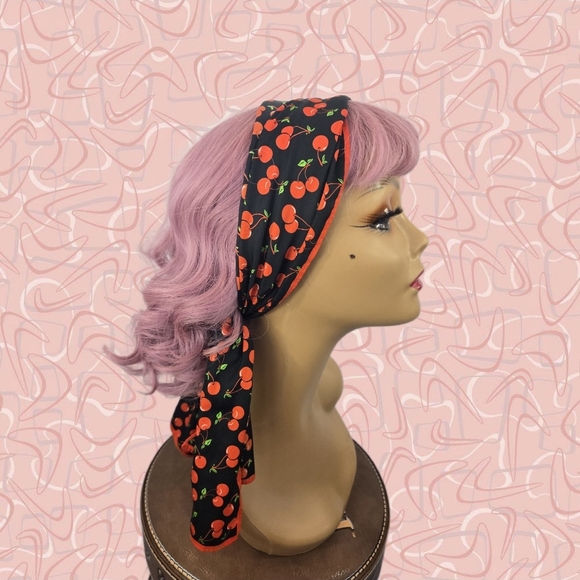 🍒"Bad Gal" Sourpuss Cherry Print Scarf Oblong Retro Style 44" x 16" - Picture 2 of 7